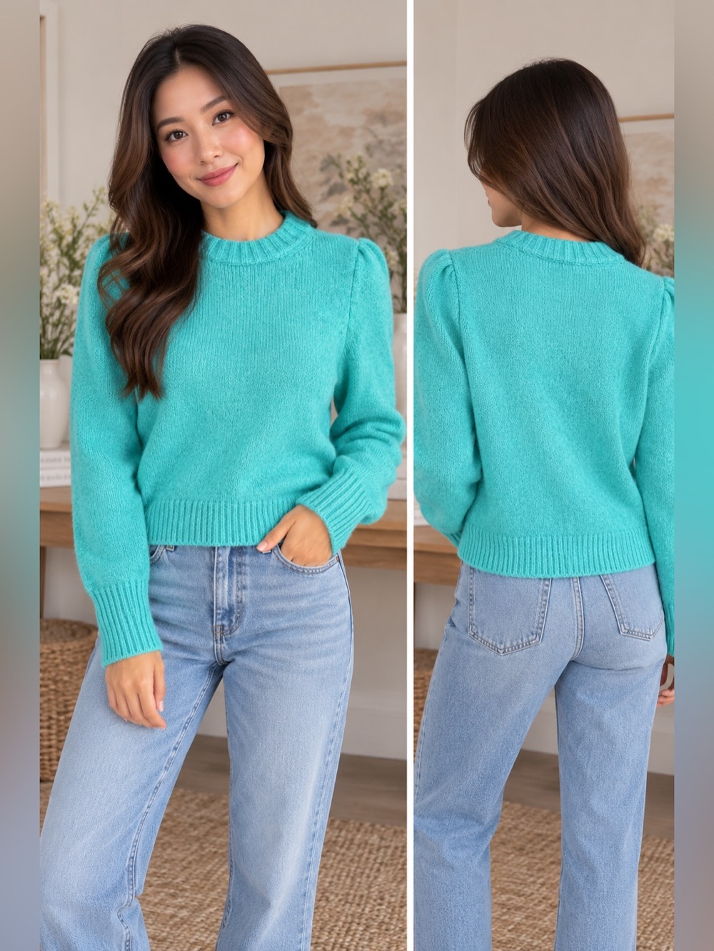 Beautiful J.Crew fuzzy knit sweater in a turquoise green color, Size L
